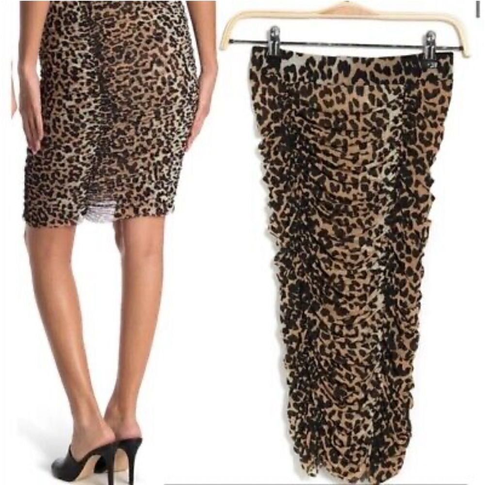 New Ganni Shirred Mesh Leopard Bodycon Skirt Size 34